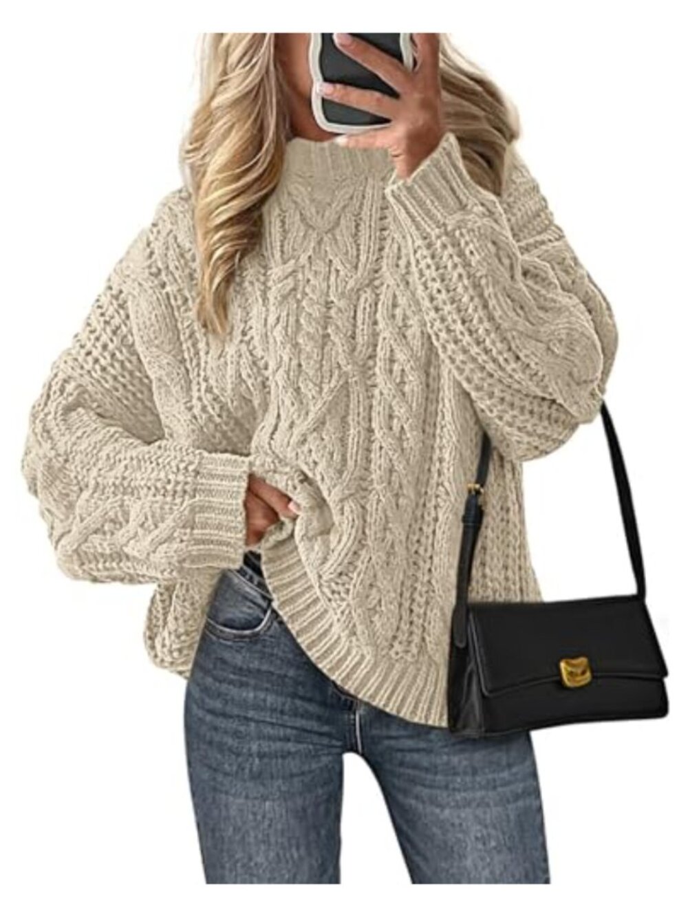 Oversized Chunky Cable Knit Crewneck Sweater Pullover